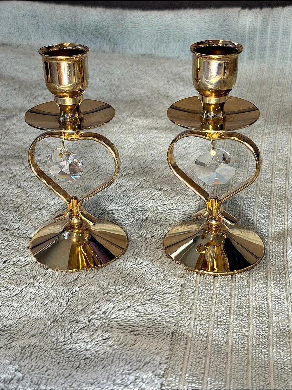 Crystal Gem Gold Heart-Shaped Candlestick Holder Pair